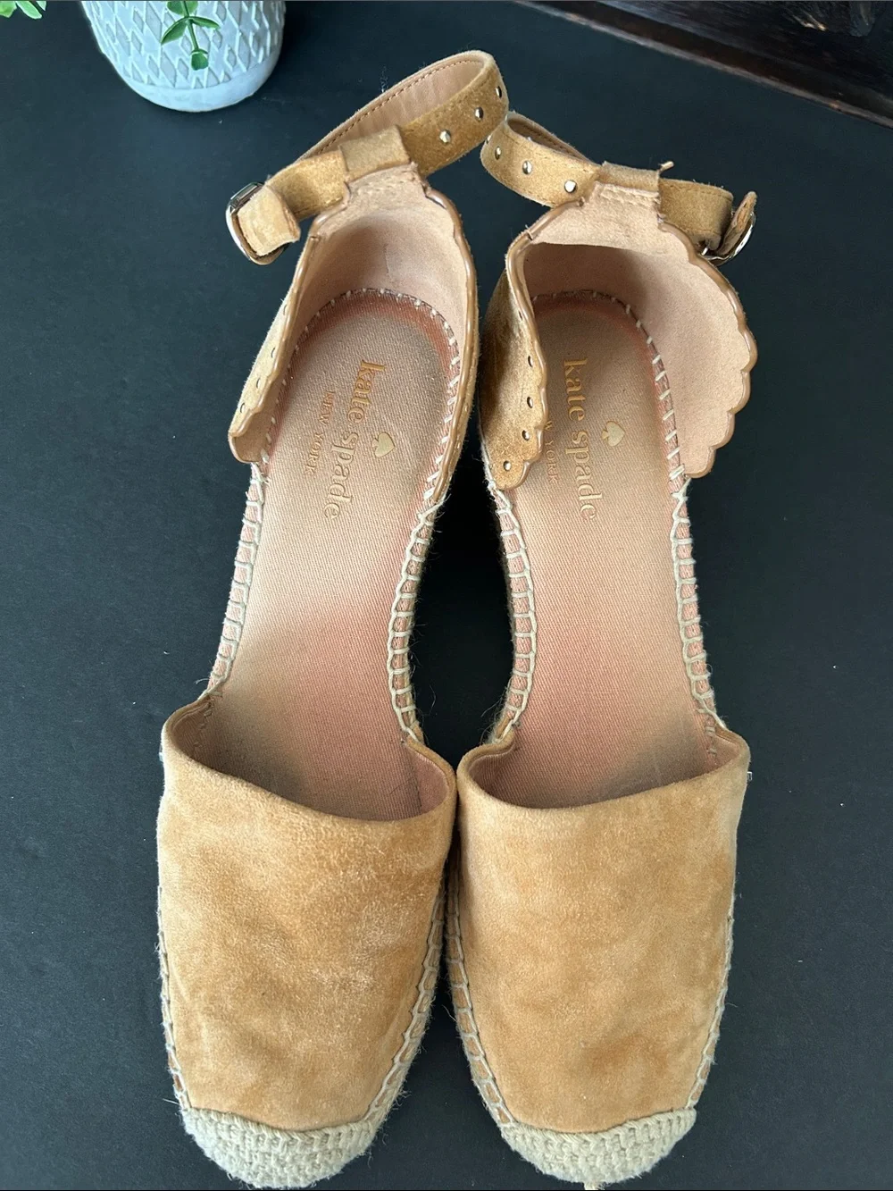 kate spade Tan Suede Espadrille Wedge Sandals with Ankle Strap